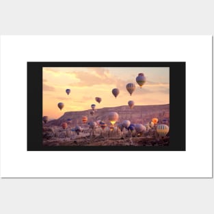 Colorful hot air balloons flying in Cappadocia, Turkey Posters and Art